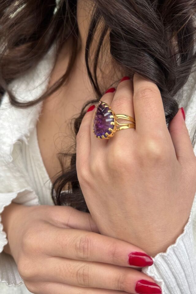 14 AYAR DAMLA KESİM KRİSTAL AMETİST TAŞLI ELİŞİ ALTIN YÜZÜK 21