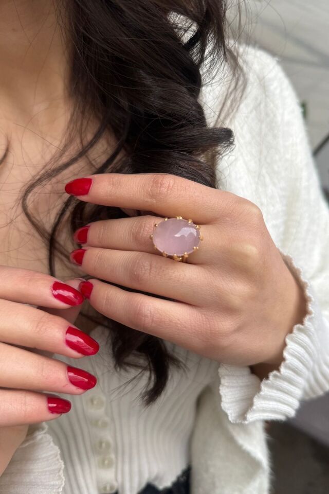 14 AYAR PİNK KUVARS DOĞAL TAŞLI ELİŞİ ALTIN YÜZÜK 15