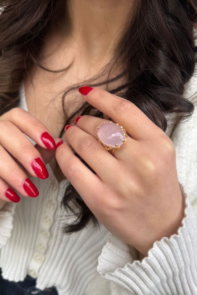 14 AYAR PİNK KUVARS DOĞAL TAŞLI ELİŞİ ALTIN YÜZÜK 18