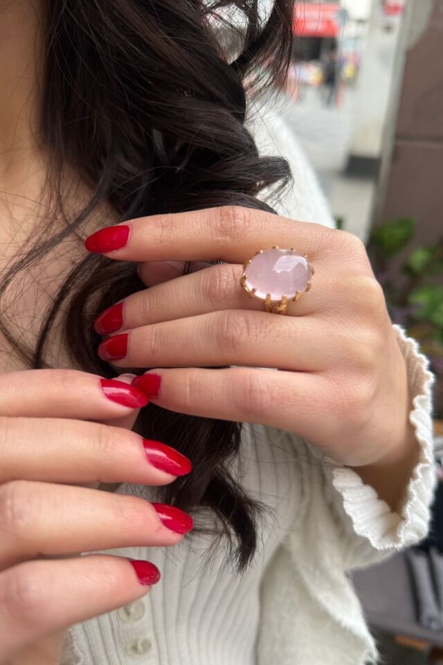 14 AYAR PİNK KUVARS DOĞAL TAŞLI ELİŞİ ALTIN YÜZÜK 18