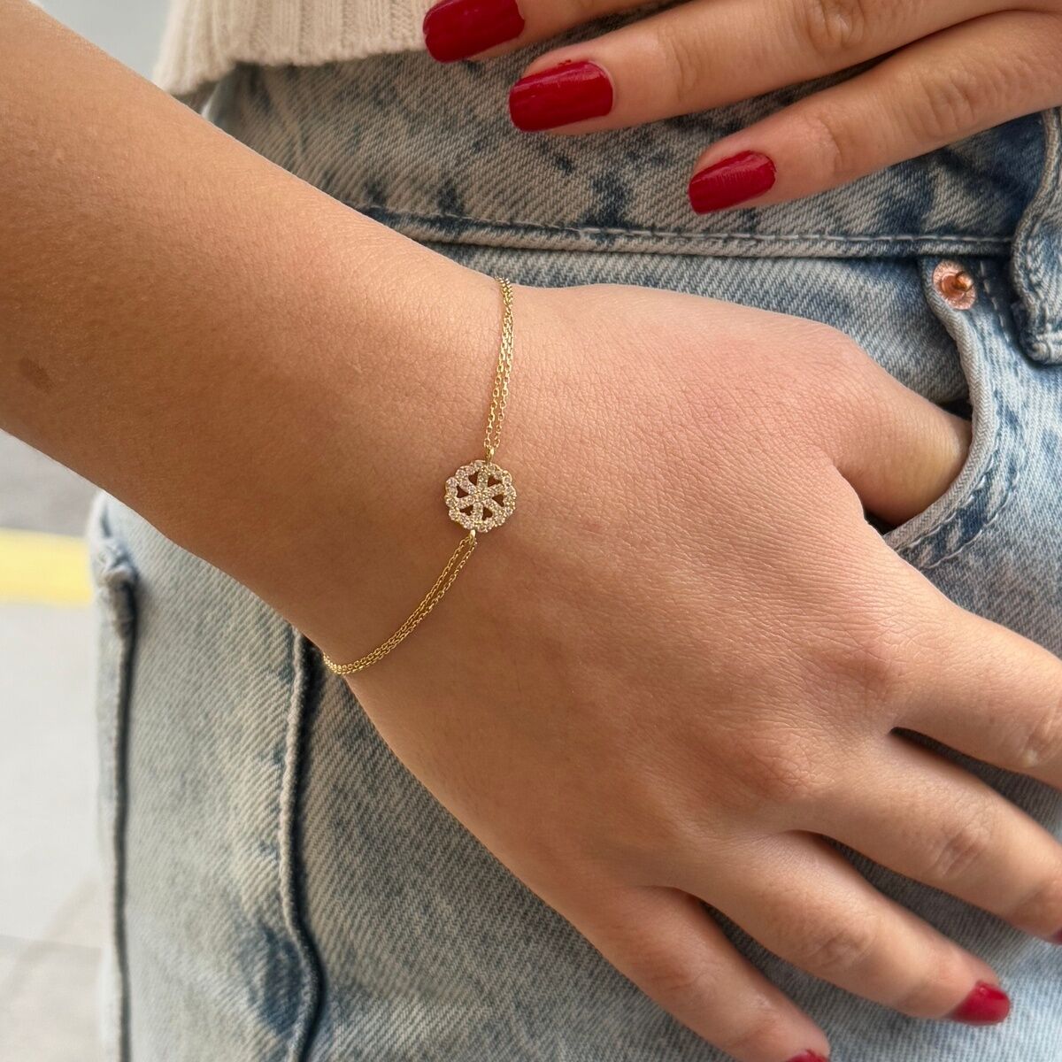 14 AYAR ÇİFT SIRA ZİNCİRLİ KAR TANESİ MODEL ZARİF BİLEKLİK