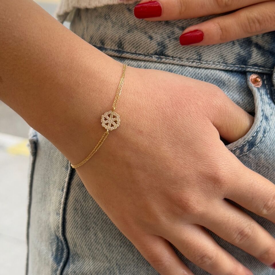 14 AYAR ÇİFT SIRA ZİNCİRLİ KAR TANESİ MODEL ZARİF BİLEKLİK