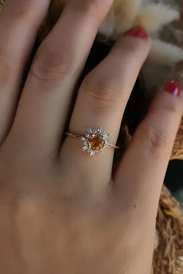 14 AYAR 0,18 CT PIRLANTA TAŞLI, 0,37 CT CİTRİN TAŞLI ALTIN YÜZÜK 18