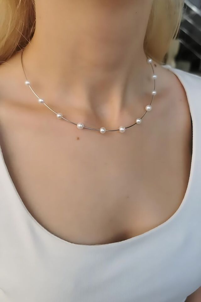 14 Ayar Beyaz Altın İncili İtalyan Kolye