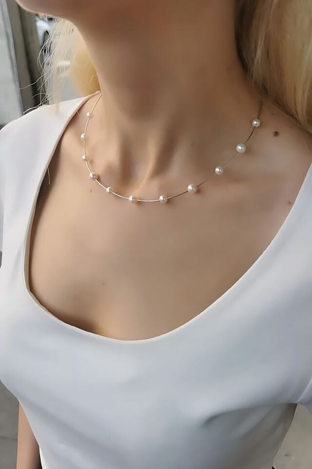 14 Ayar Beyaz Altın İncili İtalyan Kolye