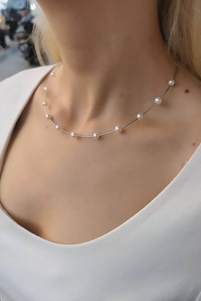 14 Ayar Beyaz Altın İncili İtalyan Kolye