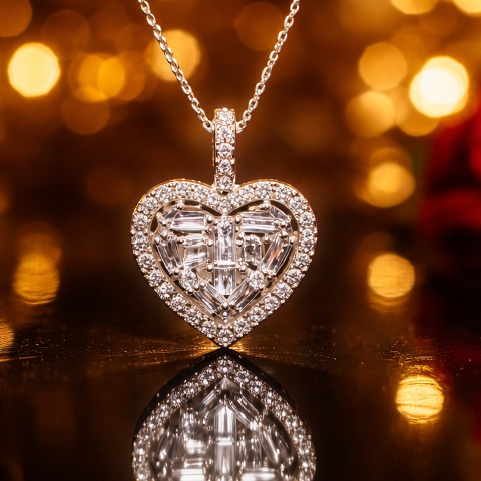 14 AYAR 0,38 CT F RENGİ PIRLANTA BAGET TAŞLI İTALYAN KALP KOLYE