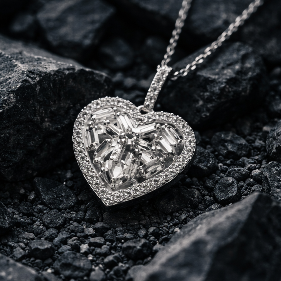 14 AYAR 0,38 CT F RENGİ PIRLANTA BAGET TAŞLI İTALYAN KALP KOLYE