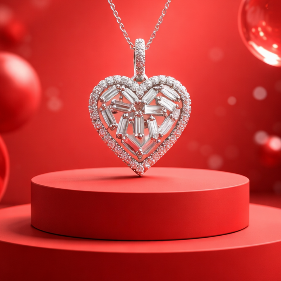 14 AYAR 0,38 CT F RENGİ PIRLANTA BAGET TAŞLI İTALYAN KALP KOLYE