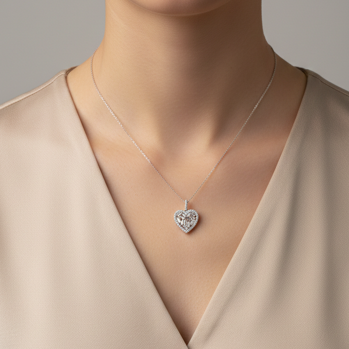 14 AYAR 0,38 CT F RENGİ PIRLANTA BAGET TAŞLI İTALYAN KALP KOLYE