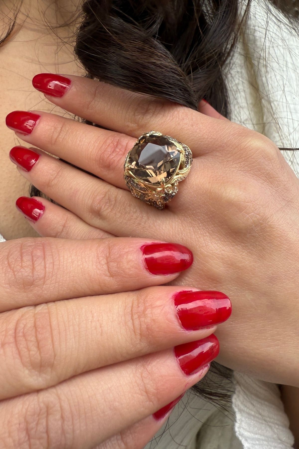 14 AYAR SMOKY KUVARS TAŞLI İTALYAN ŞIK YÜZÜK