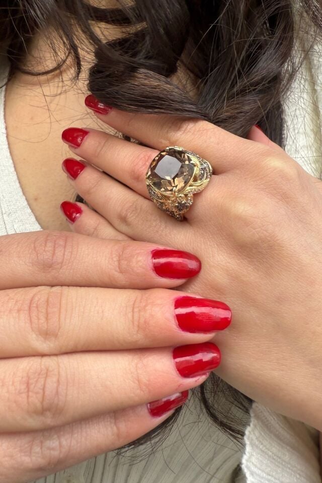 14 AYAR SMOKY KUVARS TAŞLI İTALYAN ŞIK YÜZÜK