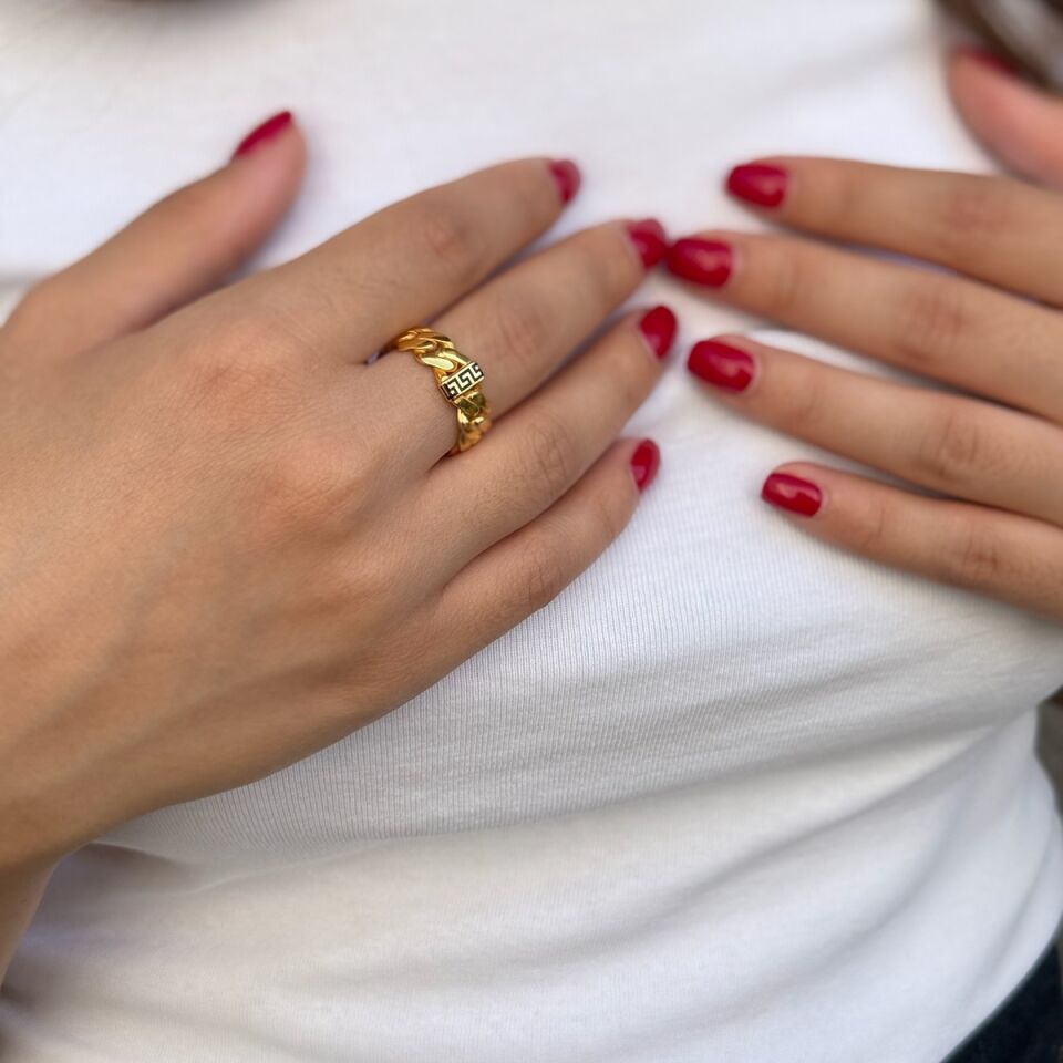 22 AYAR SİYAH MİNELİ GREK DESEN ZİNCİR YÜZÜK