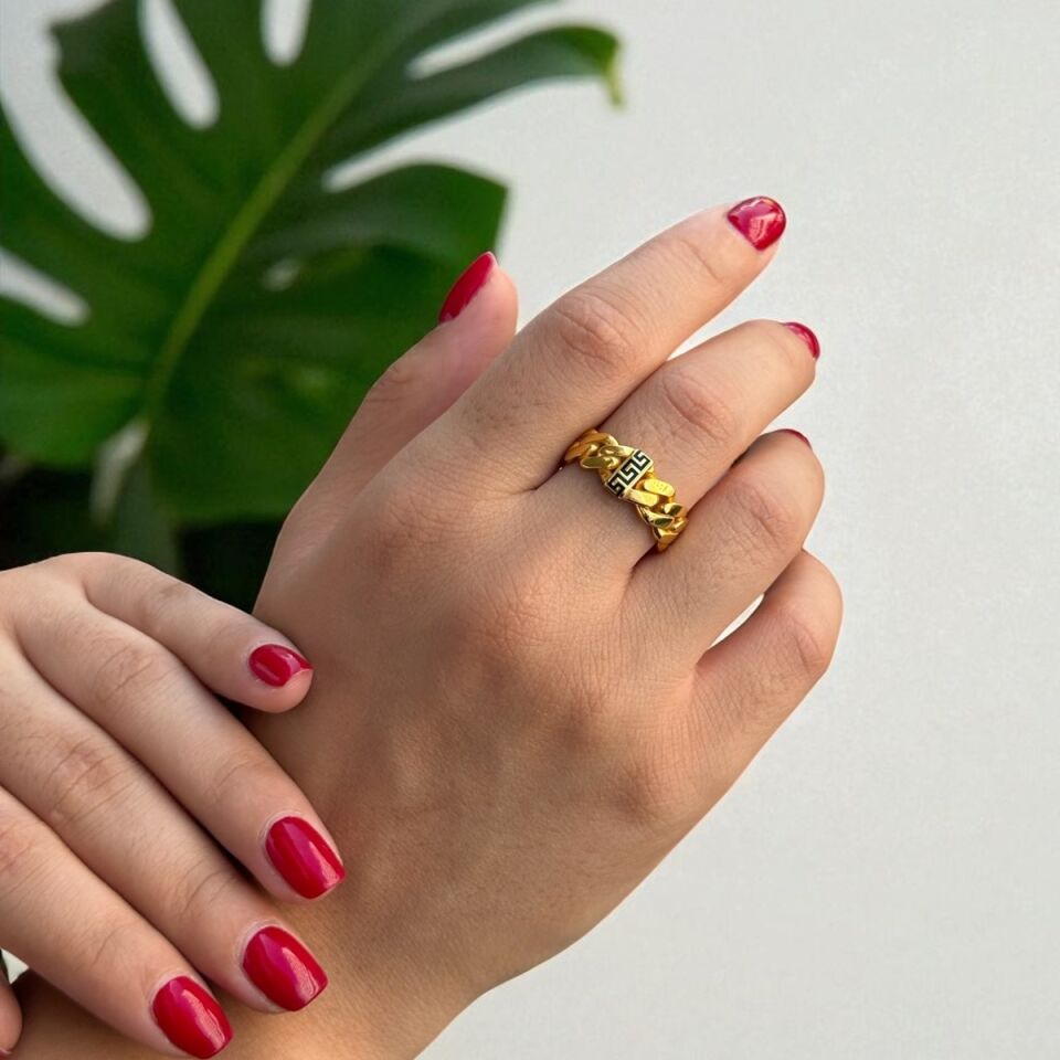 22 AYAR SİYAH MİNELİ GREK DESEN ZİNCİR YÜZÜK