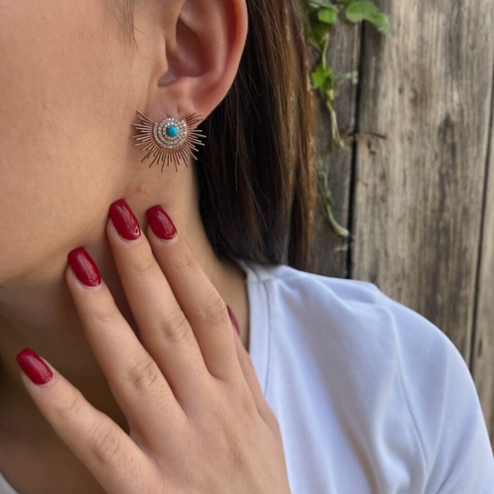925 AYAR ROSE RENGİ FİRUZE TAŞLI VİNTAGE KÜPE