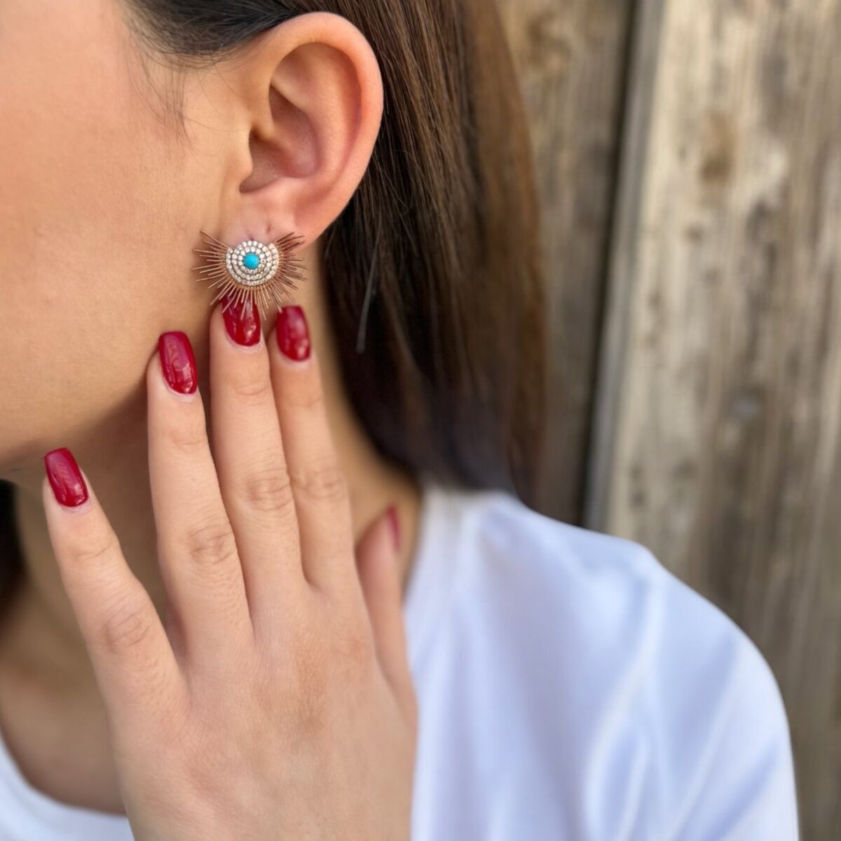925 AYAR ROSE RENGİ FİRUZE TAŞLI VİNTAGE KÜPE