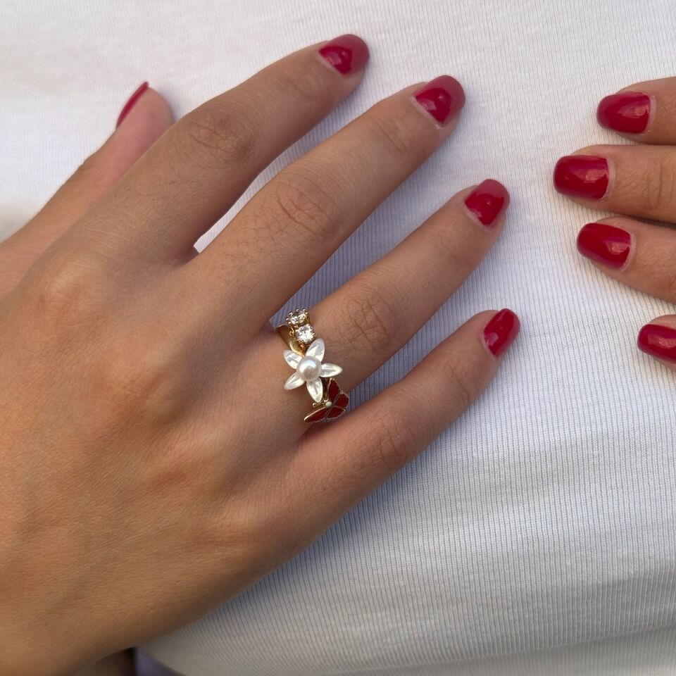 14 Ayar Mineli Ve Sedefli Incili Tasarım Altın Yüzük