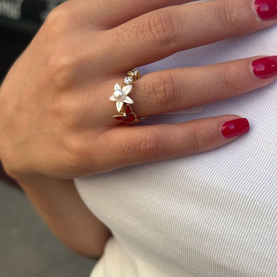 14 Ayar Mineli Ve Sedefli Incili Tasarım Altın Yüzük