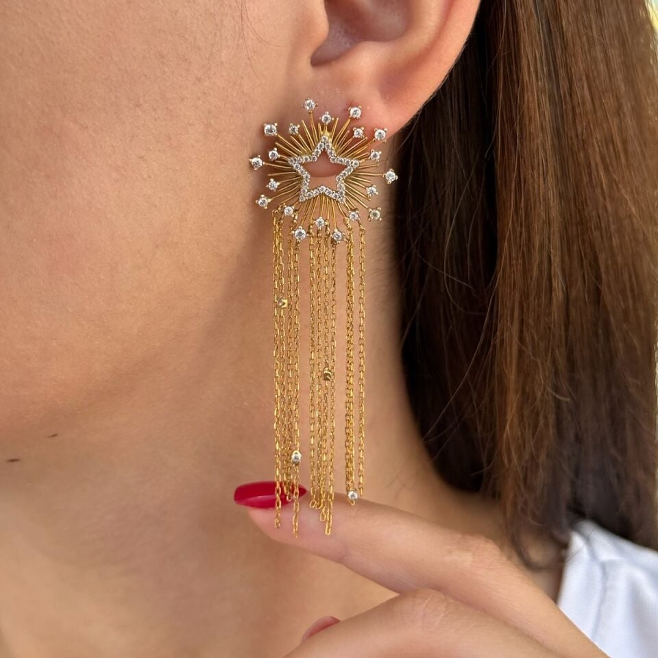 14 AYAR ÖZEL ÜRETİM SALLANTILI YILDIZ TASARIM ALTIN KÜPE