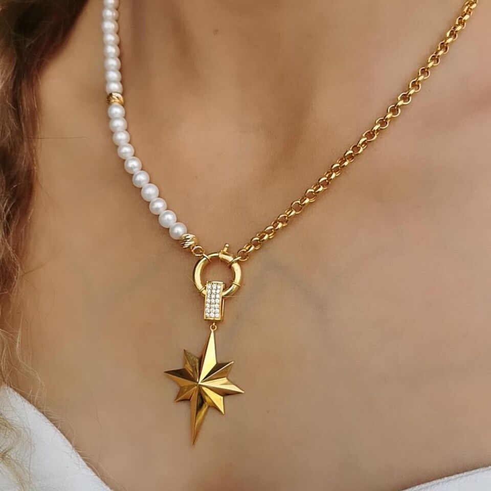 22 AYAR KUTUP YILDIZI UÇLU ÖZEL TASARIM İNCİLİ ALTIN KOLYE