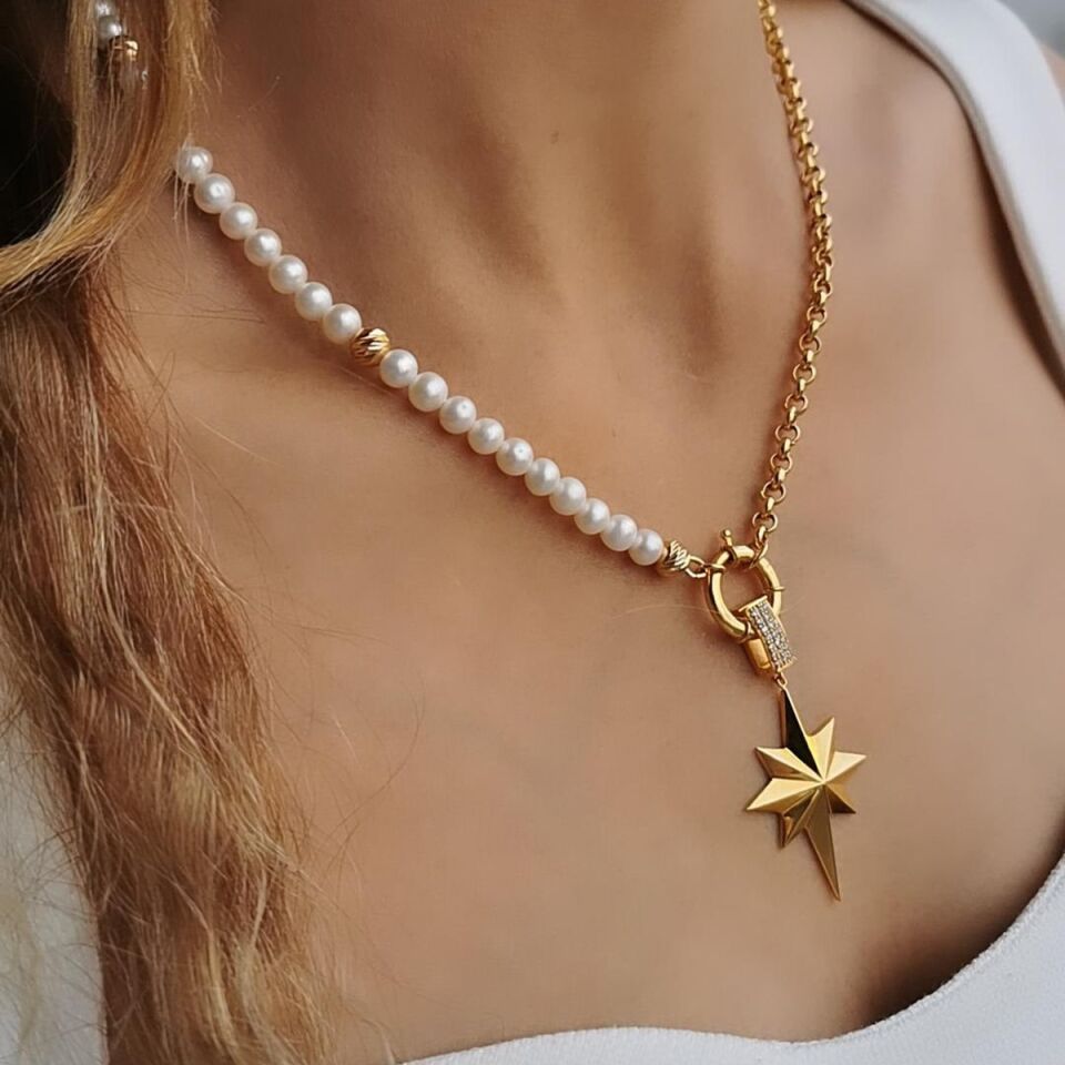 22 AYAR KUTUP YILDIZI UÇLU ÖZEL TASARIM İNCİLİ ALTIN KOLYE