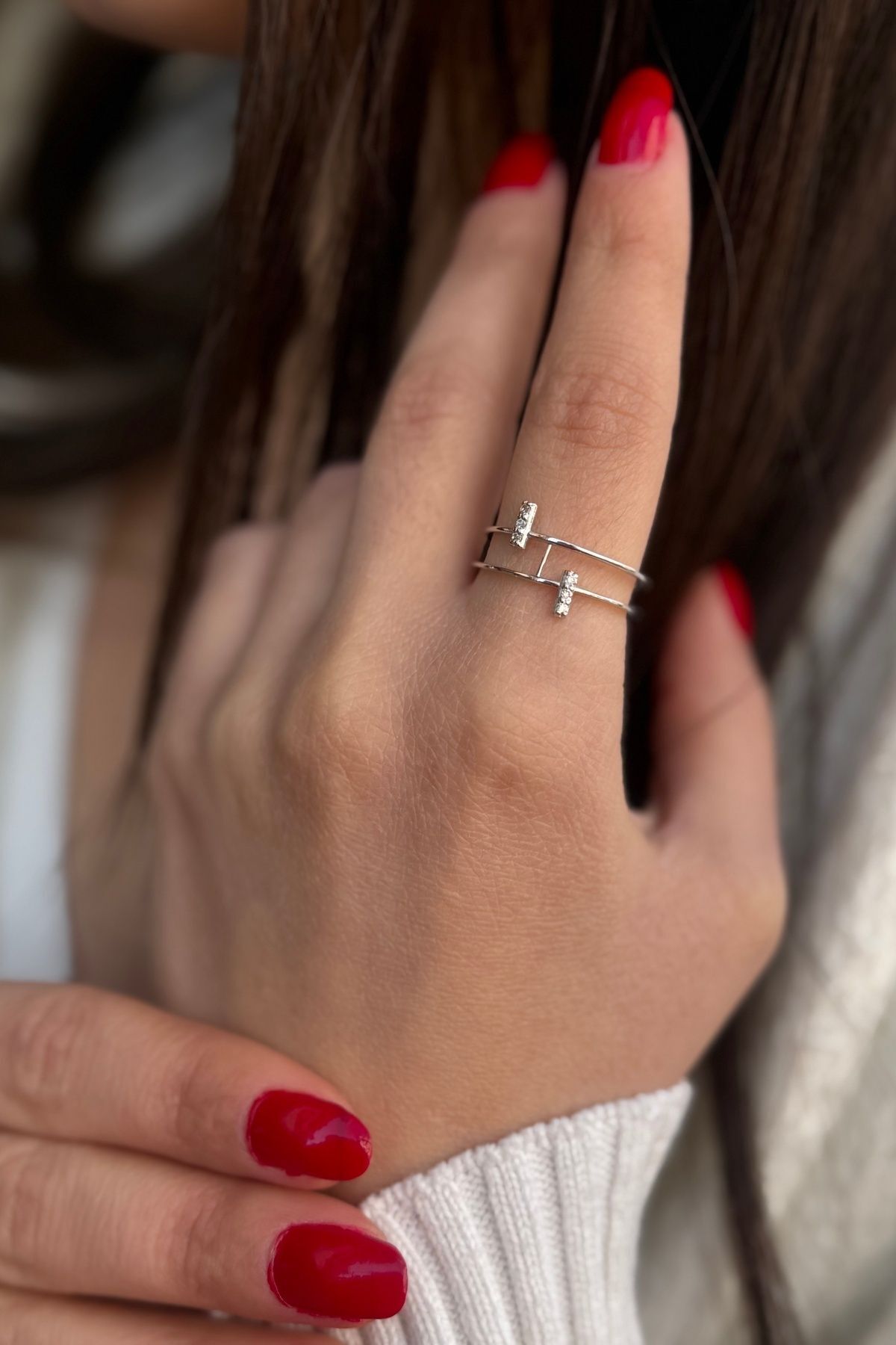 14 AYAR PIRLANTA TAŞLI BEYAZ ALTIN ÇİFT SIRA YÜZÜK