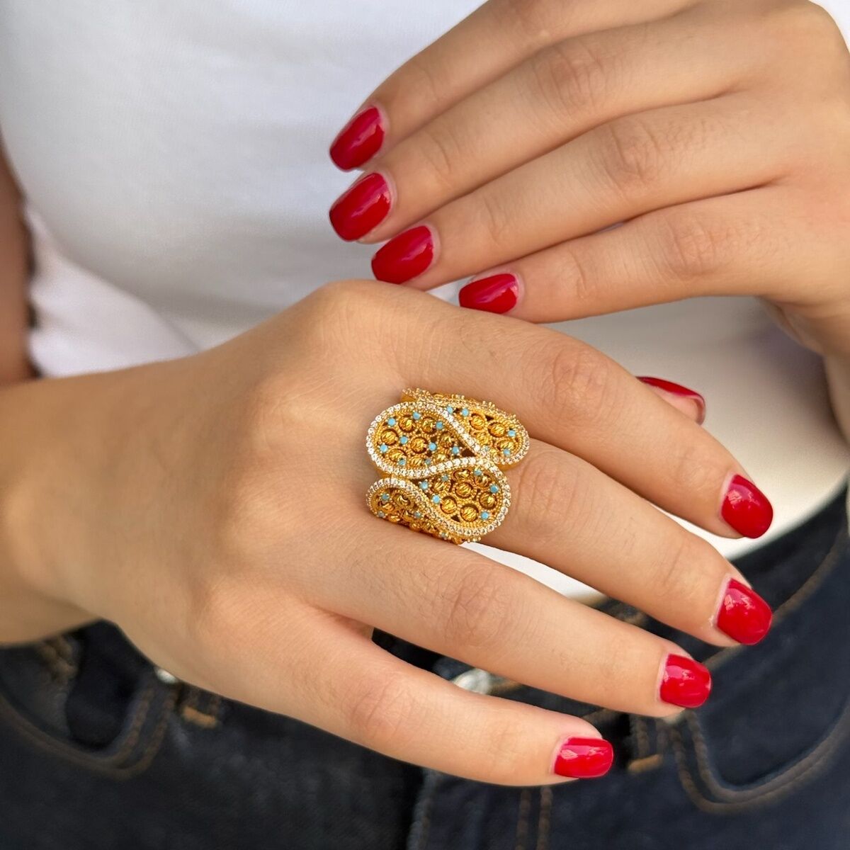 22 AYAR FİRUZE TAŞLI FANTAZİ DORİKA ALTIN TOPLU ŞIK YÜZÜK