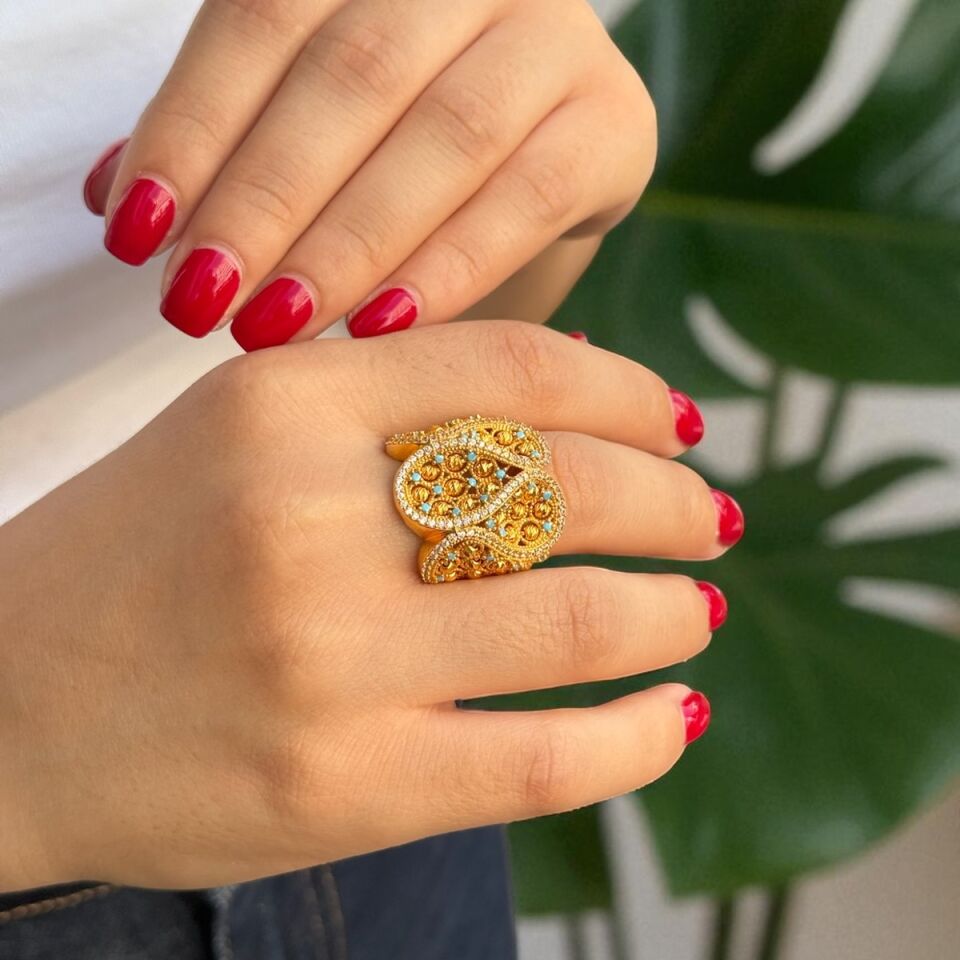 22 AYAR FİRUZE TAŞLI FANTAZİ DORİKA ALTIN TOPLU ŞIK YÜZÜK