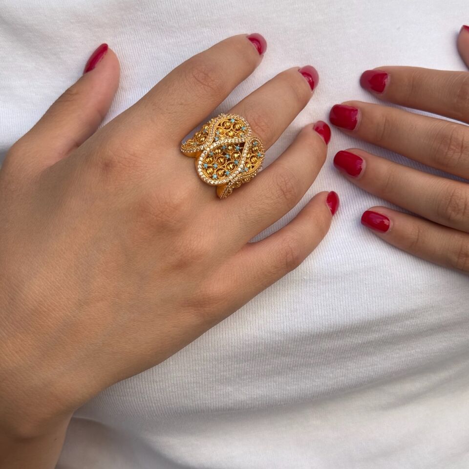 22 AYAR FİRUZE TAŞLI FANTAZİ DORİKA ALTIN TOPLU ŞIK YÜZÜK