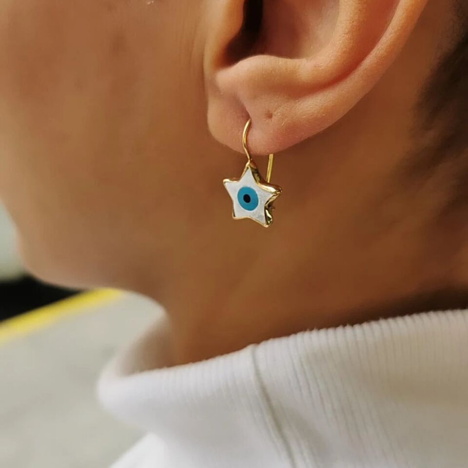 14 AYAR YILDIZ SEDEF NAZAR BONCUĞU EL İŞİ ALTIN KÜPE