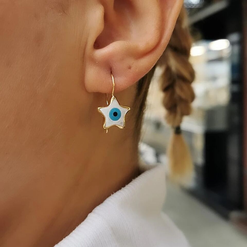 14 AYAR YILDIZ SEDEF NAZAR BONCUĞU EL İŞİ ALTIN KÜPE