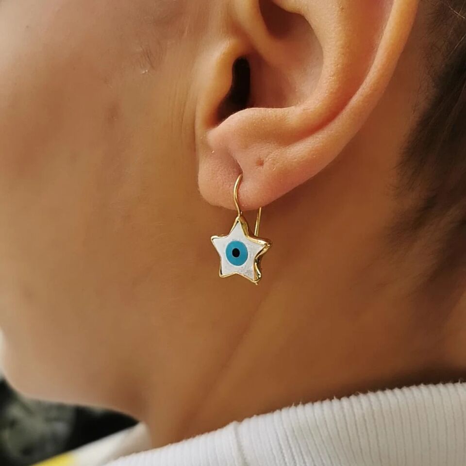 14 AYAR YILDIZ SEDEF NAZAR BONCUĞU EL İŞİ ALTIN KÜPE