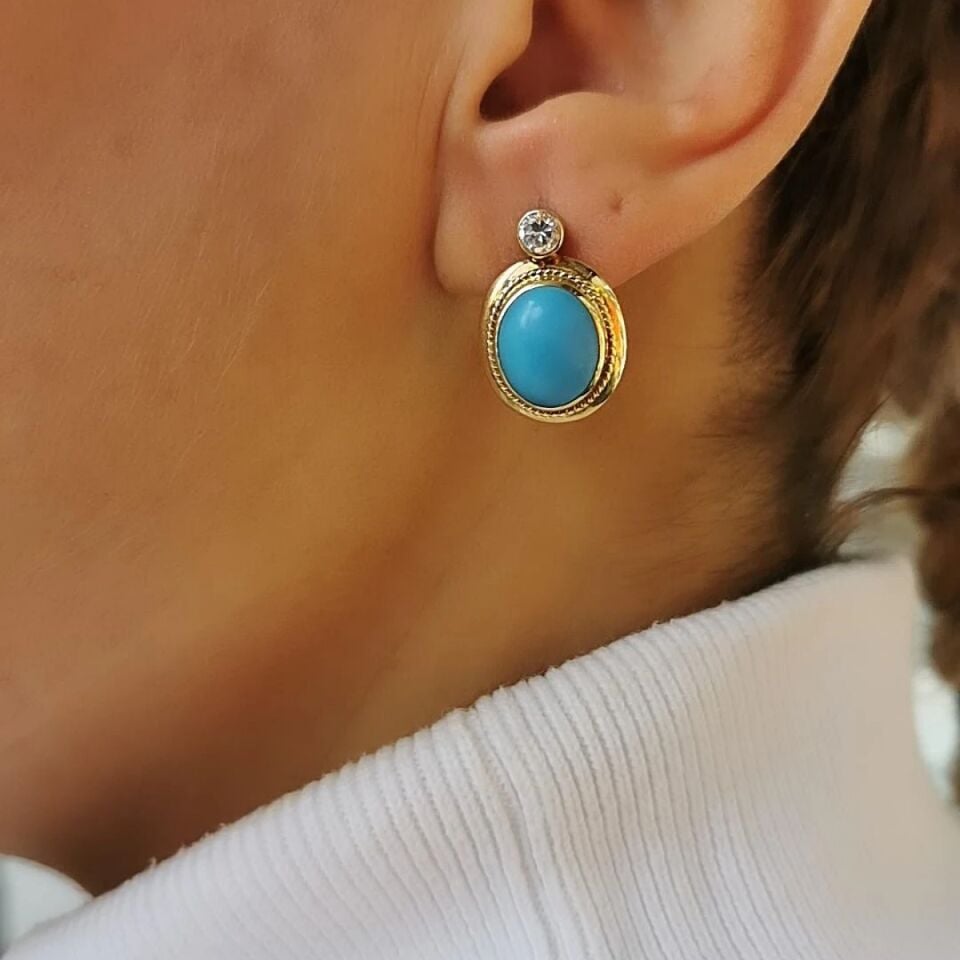 14 AYAR EL YAPIMI FİRUZE TAŞLI ALTIN KÜPE