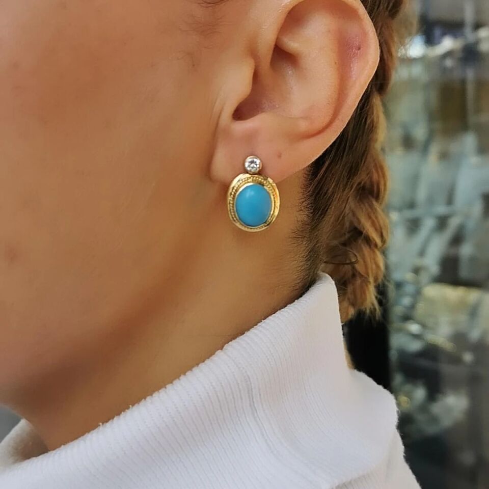 14 AYAR EL YAPIMI FİRUZE TAŞLI ALTIN KÜPE