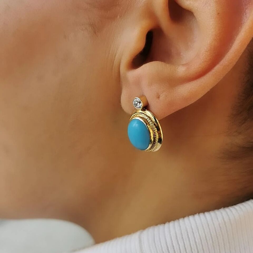 14 AYAR EL YAPIMI FİRUZE TAŞLI ALTIN KÜPE