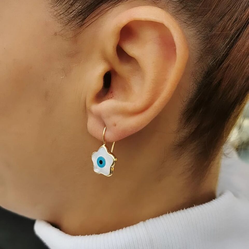 14 AYAR ÇİÇEK SEDEF NAZAR BONCUĞU EL İŞİ ALTIN KÜPE