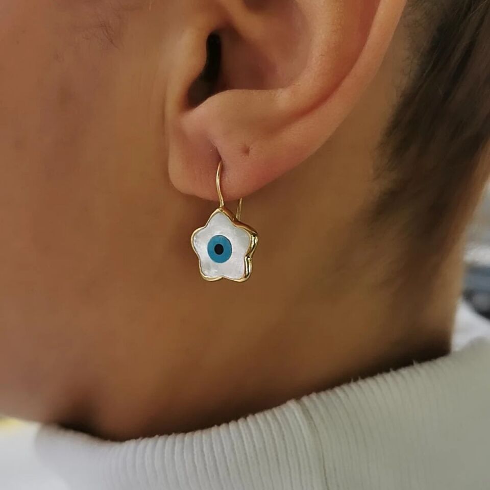 14 AYAR ÇİÇEK SEDEF NAZAR BONCUĞU EL İŞİ ALTIN KÜPE