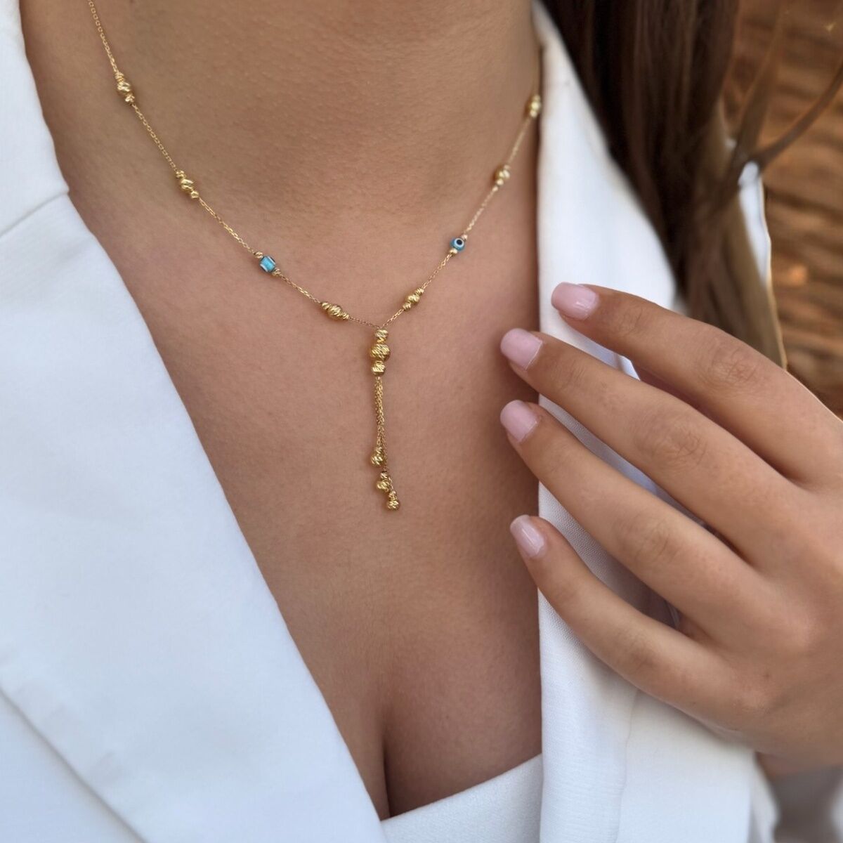 14 AYAR İTALYAN DORİKA TOPLU VE NAZAR BONCUKLU ALTIN KOLYE