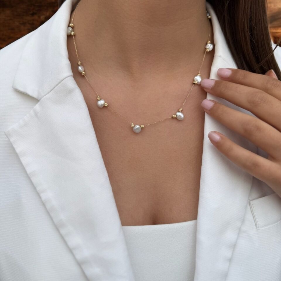 14 AYAR BAROK İNCİLİ ÖZEL TASARIM ALTIN KOLYE