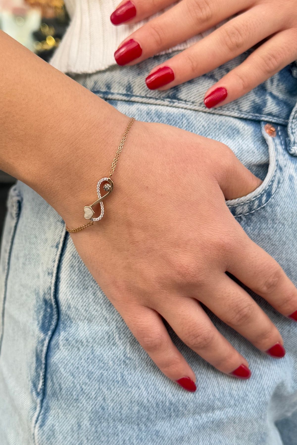 14 AYAR SEDEF MİNELİ KALP VE SONSUZLUK ROSE ALTIN BİLEKLİK