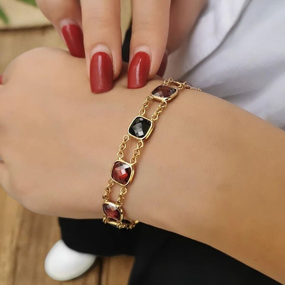 14 AYAR EL YAPIMI KRİSTAL KIRMIZI TAŞLI ALTIN BİLEKLİK