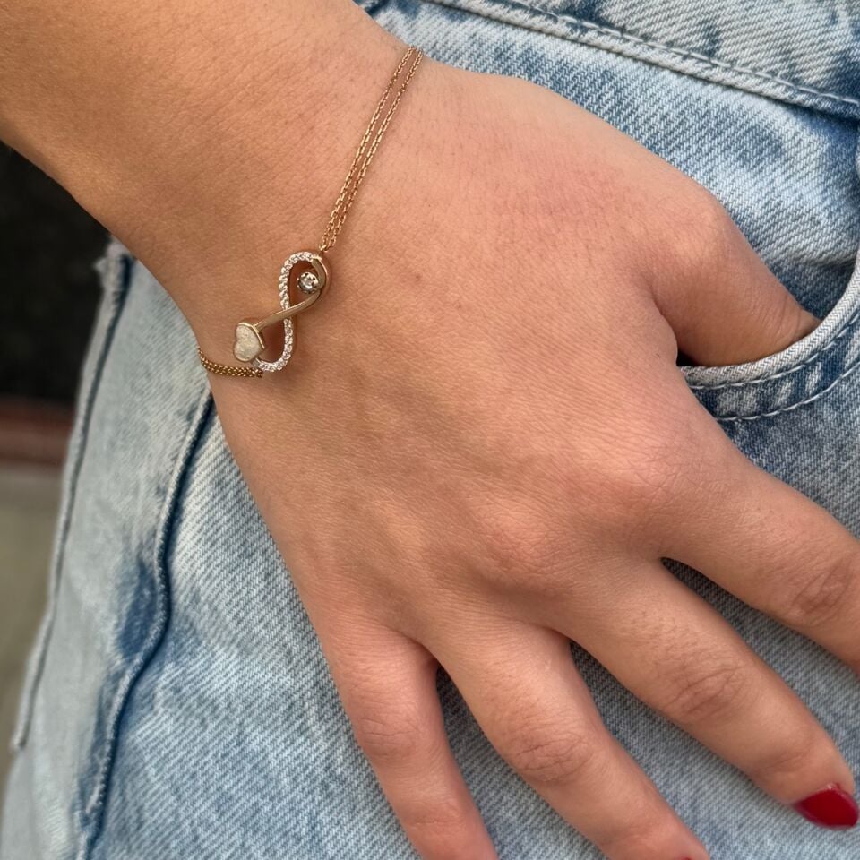 14 AYAR SEDEF MİNELİ KALP VE SONSUZLUK ROSE ALTIN BİLEKLİK