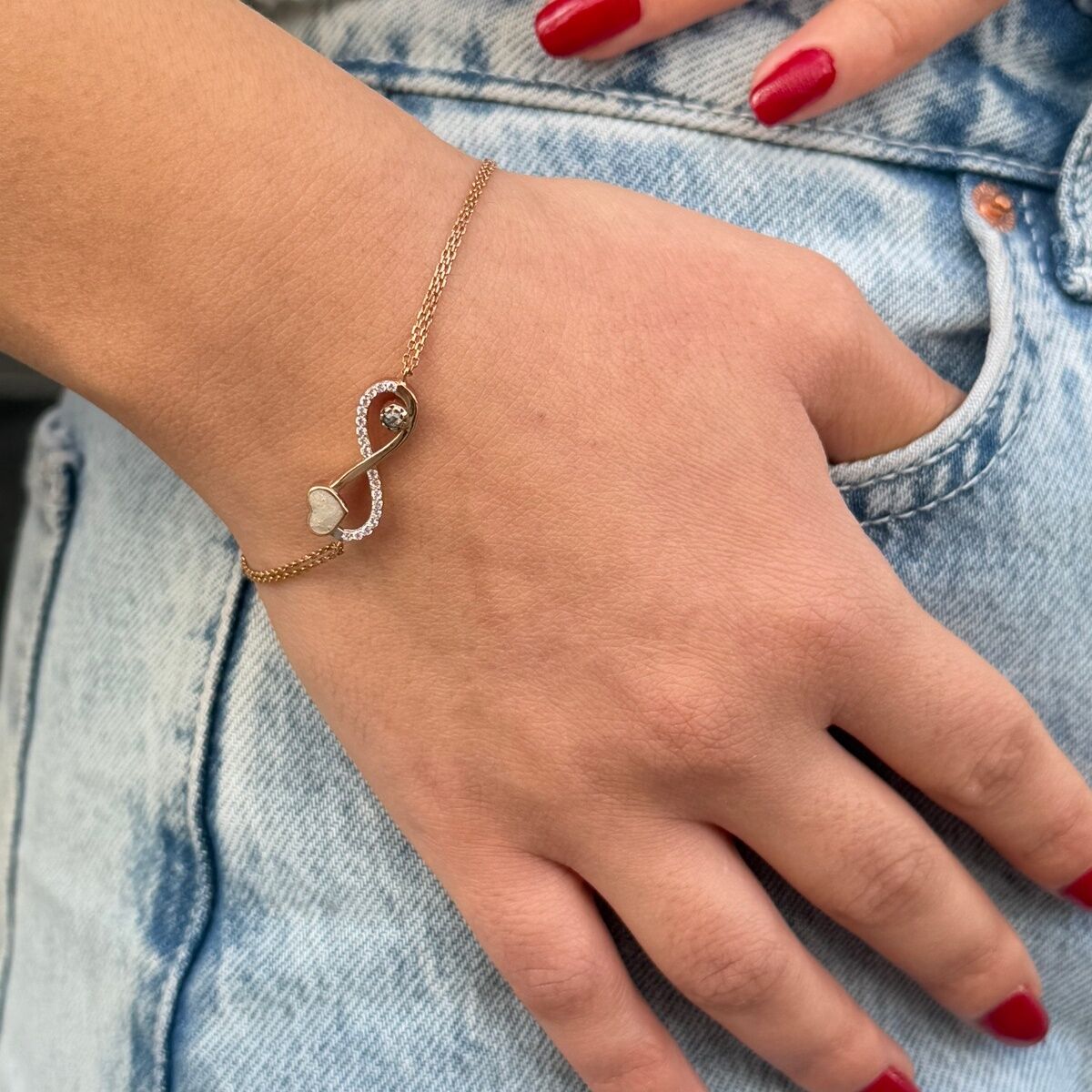 14 AYAR SEDEF MİNELİ KALP VE SONSUZLUK ROSE ALTIN BİLEKLİK