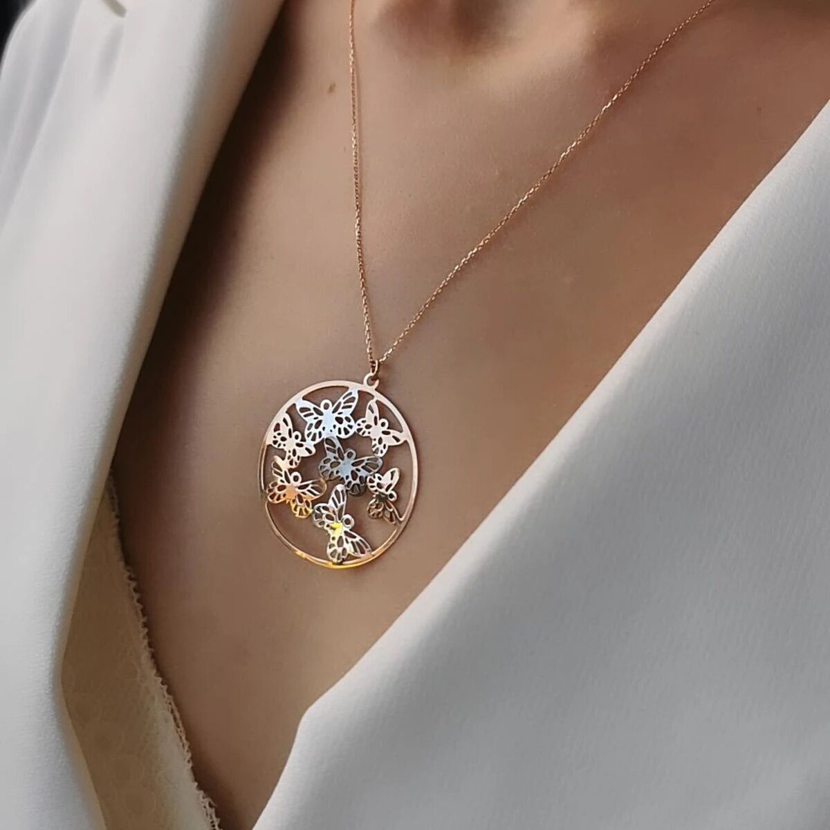 14 Ayar Rose Rengi Kelebek Kolye