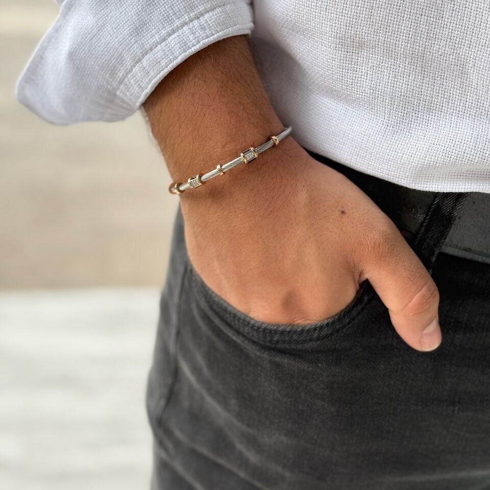 14 AYAR İTALYAN ÇELİK ÜZERİ ÖZEL TASARIM ROSE ALTIN DETAYLI BİLEKLİK