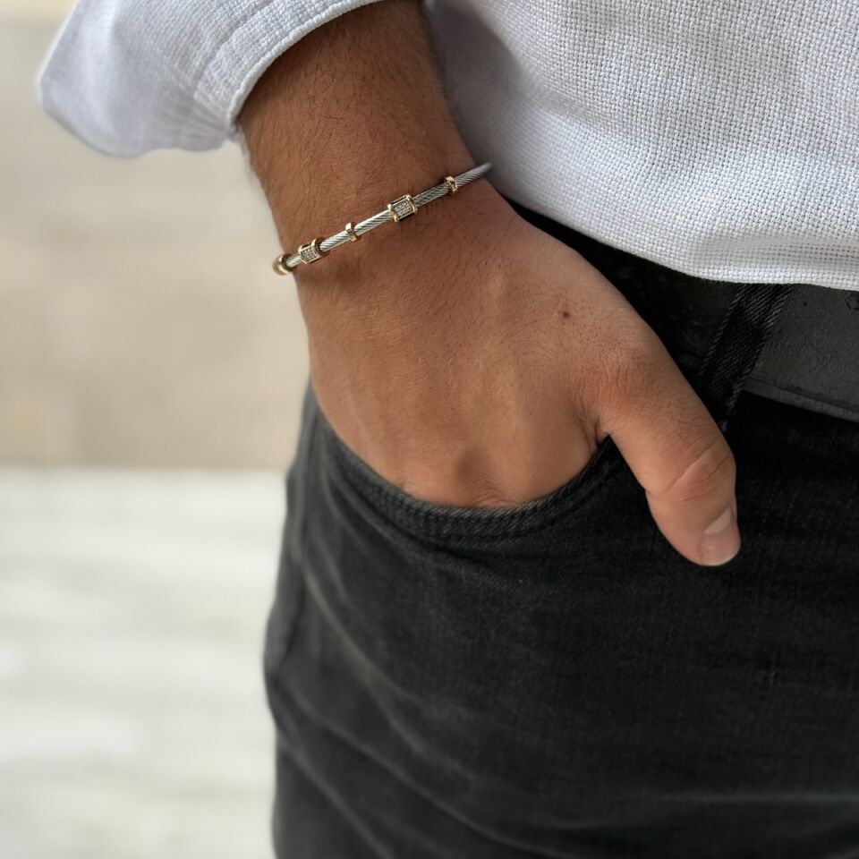 14 AYAR İTALYAN ÇELİK ÜZERİ ÖZEL TASARIM ROSE ALTIN DETAYLI BİLEKLİK