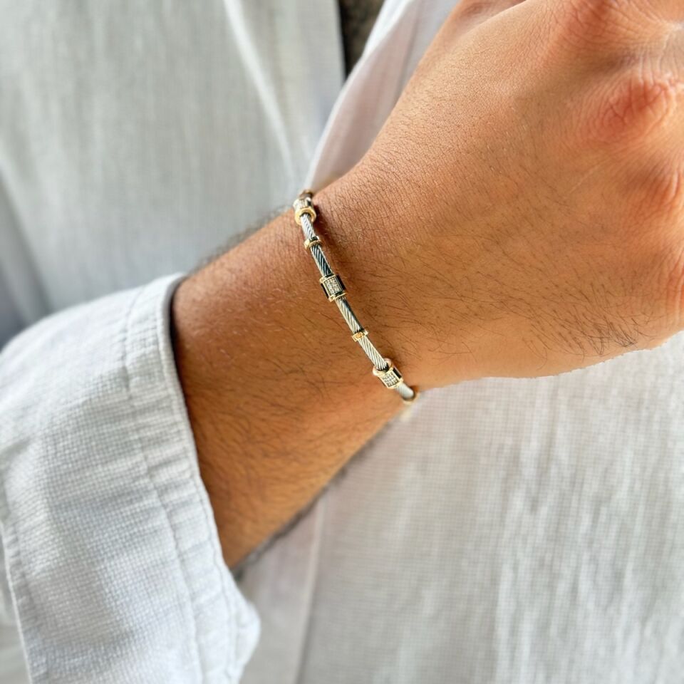 14 AYAR İTALYAN ÇELİK ÜZERİ ÖZEL TASARIM ROSE ALTIN DETAYLI BİLEKLİK