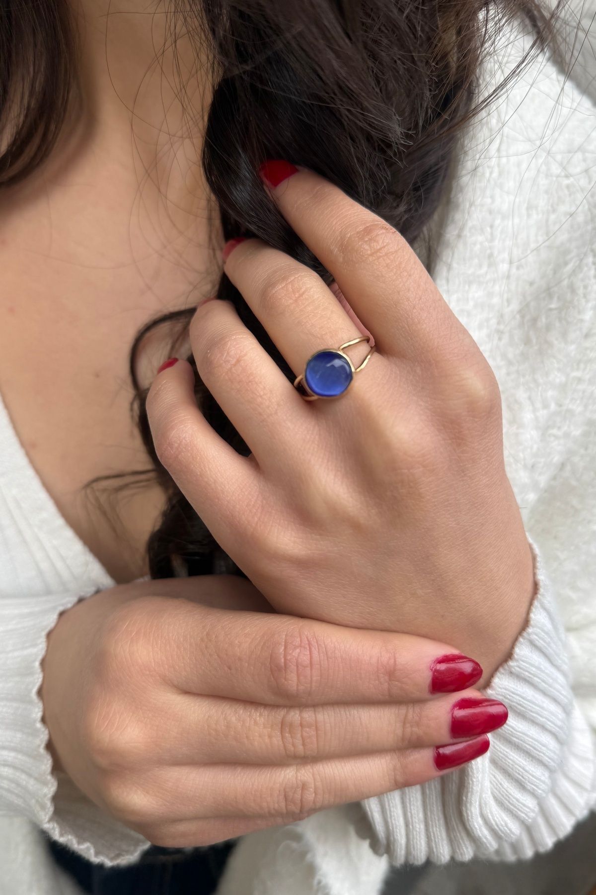 14 AYAR LACİVERT KEDİGÖZÜ ALTIN YÜZÜK 18