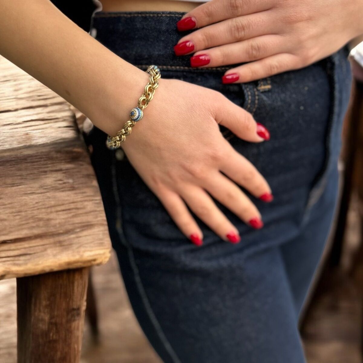 14 AYAR NAZAR BONCUĞU KÜÇÜK TAŞLI ÖZEL TASARIM ALTIN BİLEKLİK