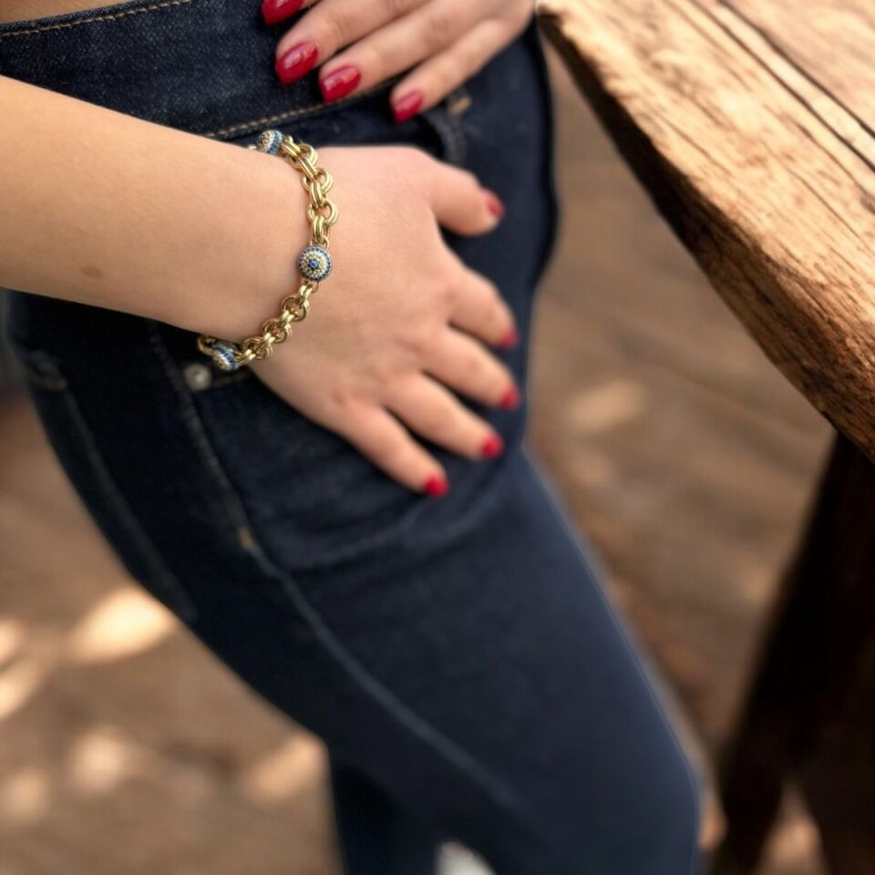 14 AYAR NAZAR BONCUĞU KÜÇÜK TAŞLI ÖZEL TASARIM ALTIN BİLEKLİK